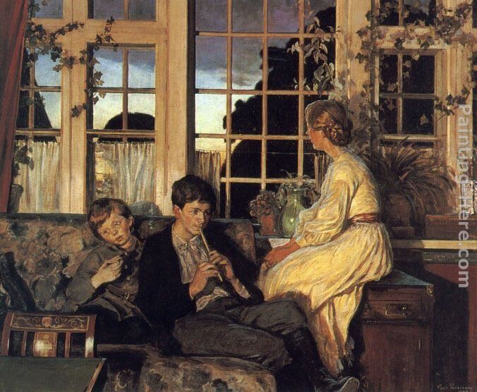 Viggo Christian Frederick Pedersen A Mother and Children by a Window at Dusk